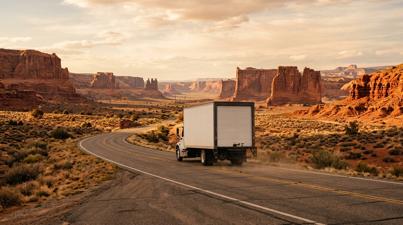 A moving truck driving east on a sun-drenched desert highway toward Utah's red rock landscape