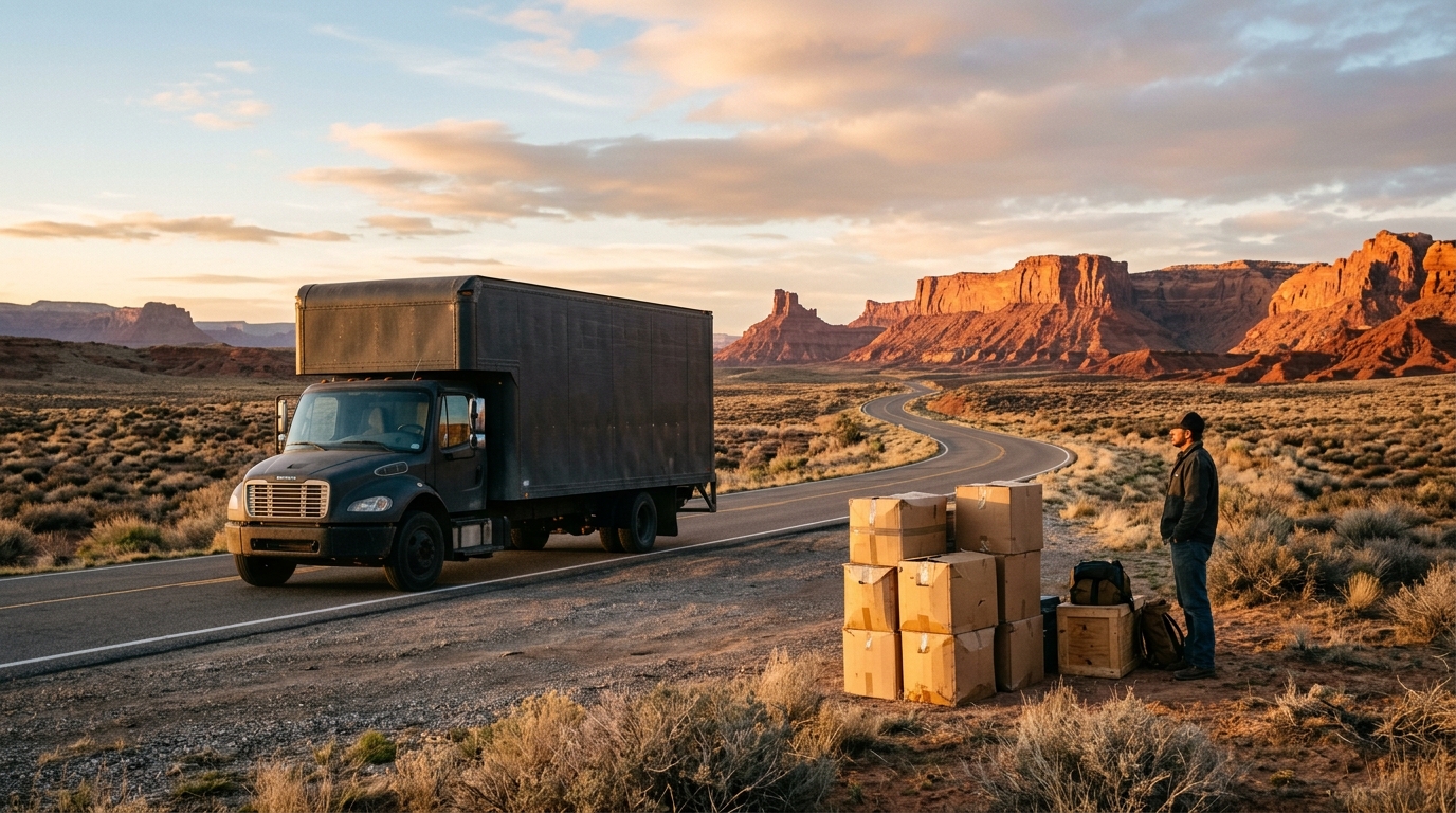 A moving truck parked on a desert highway at dawn, with red rock formations in the background and neatly stacked moving boxes in the foreground, evoking a long-distance relocation from California to Arizona