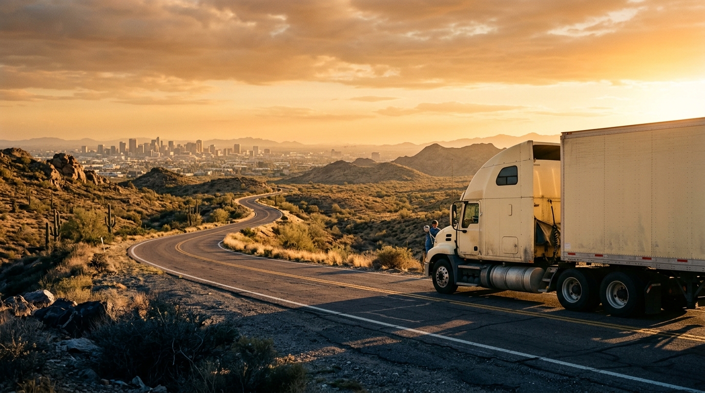 A moving truck traveling from a city skyline toward Idaho's open high-desert landscape at golden hour
