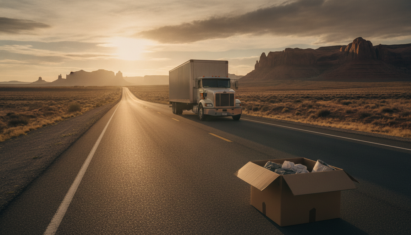 A moving truck driving along an open Nevada desert highway at golden hour, symbolizing a long-distance move from San Francisco to Nevada