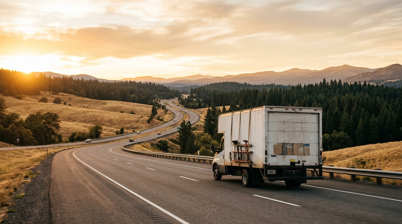 A moving truck driving north on a scenic highway through golden hills toward Oregon forests at golden hour