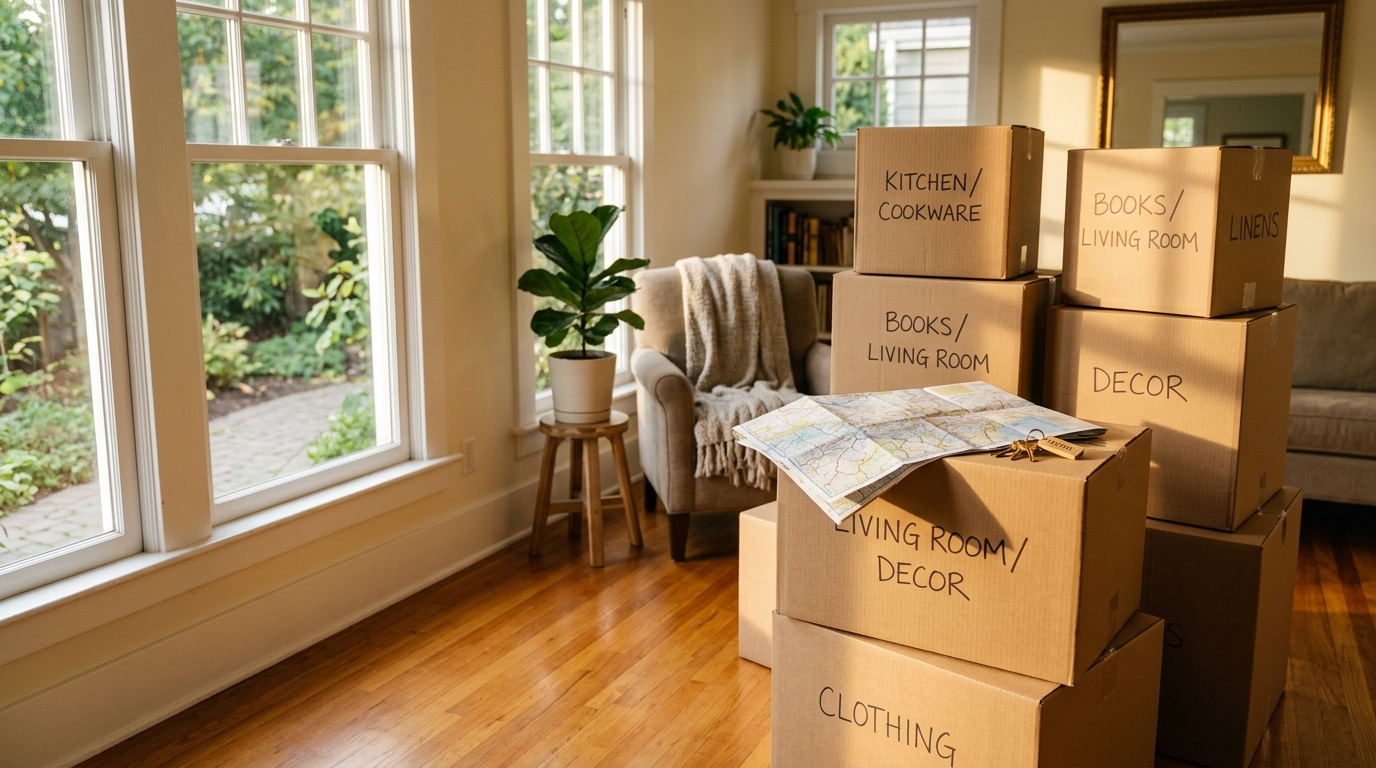 Packed moving boxes in a warm, sunlit living room ready for a long-distance interstate move from San Francisco to Utah