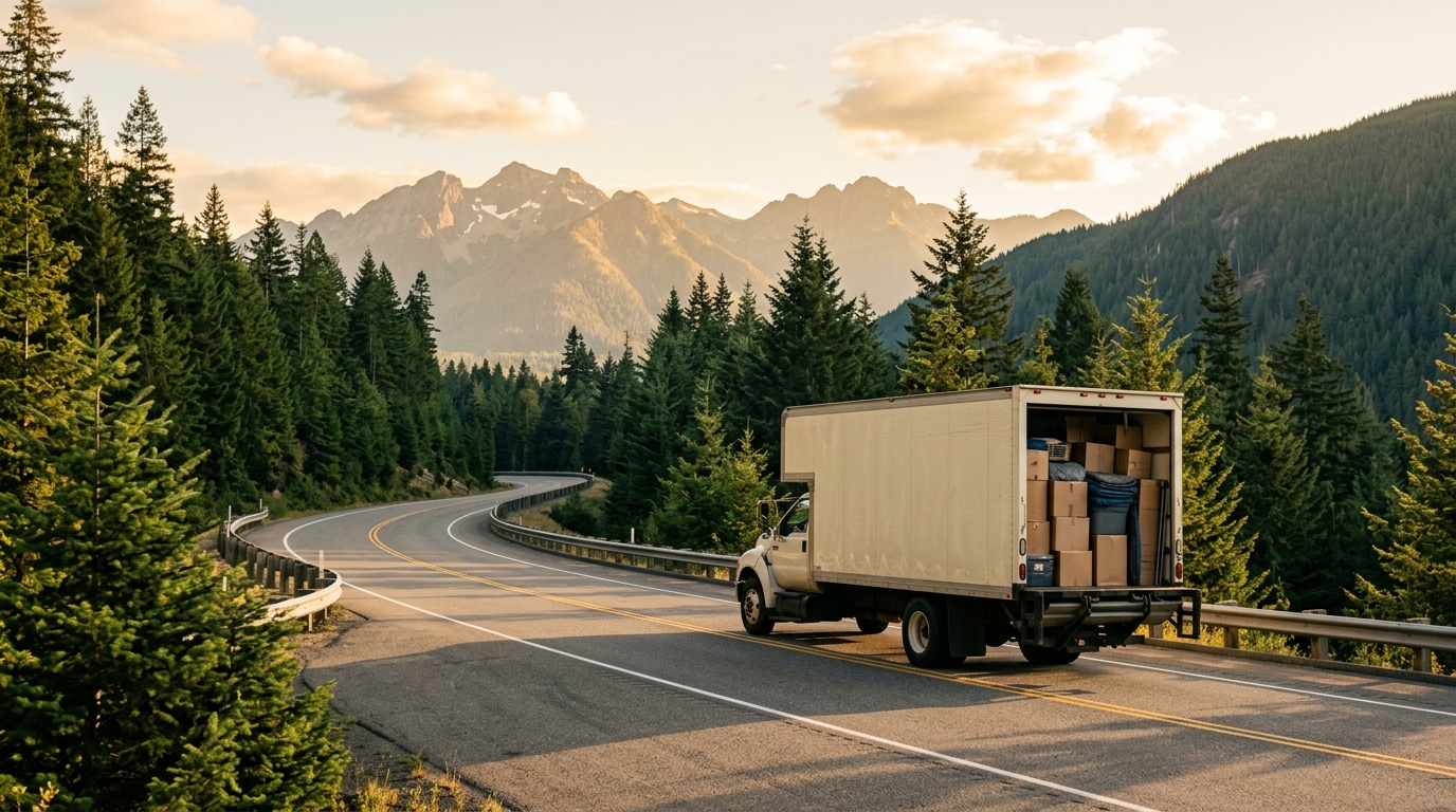 A moving truck traveling on a Pacific Northwest highway through evergreen forests toward mountain peaks at golden hour