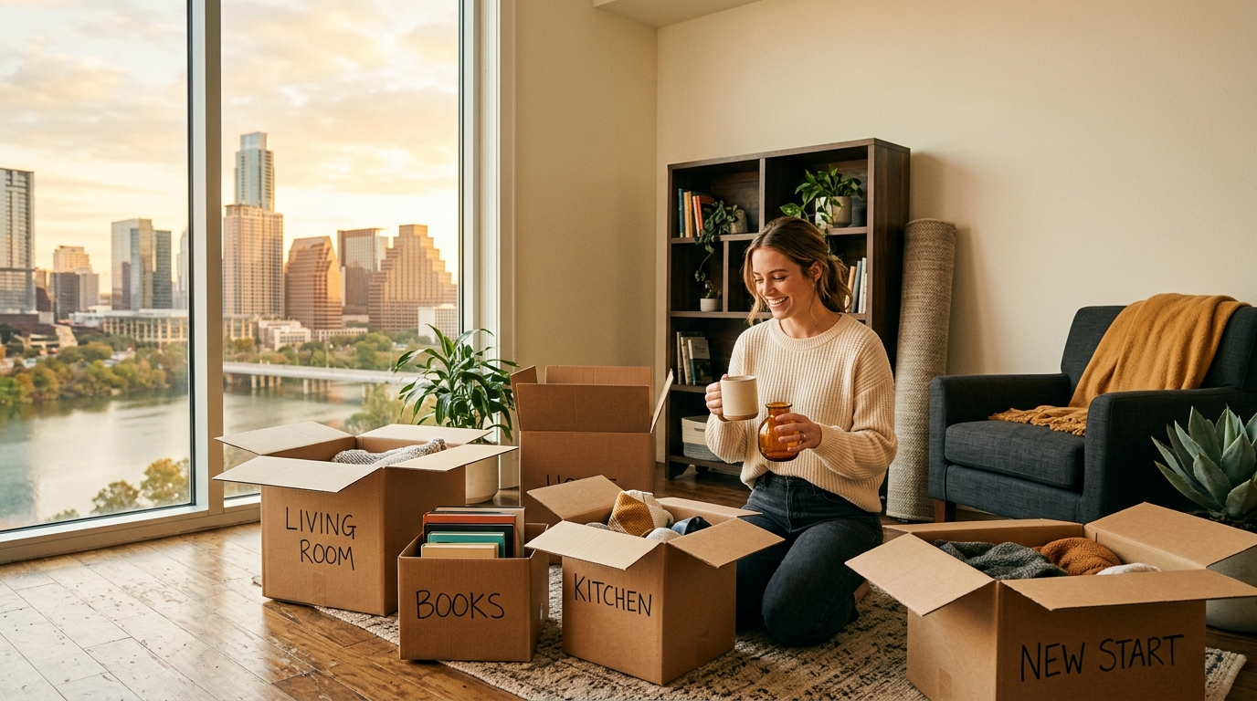Moving boxes in a sunlit room overlooking an Austin skyline at golden hour