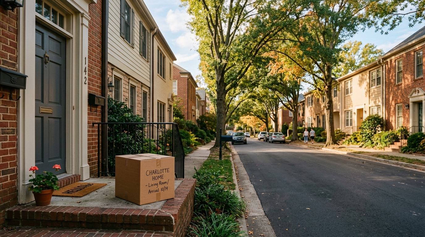 A tree-lined Charlotte street with townhomes and a moving box on a stoop in warm afternoon light