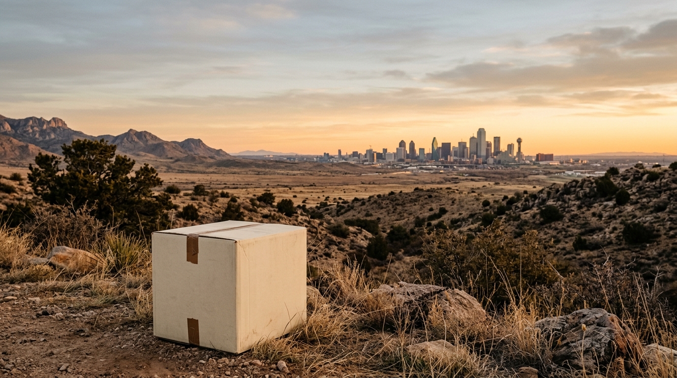 Moving boxes in warm morning light with a distant city skyline on the horizon