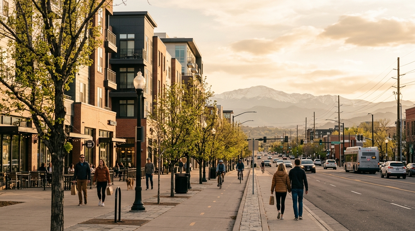 A sunlit Denver street with apartment buildings and the Rocky Mountains visible in the background, evoking a fresh start in a new city
