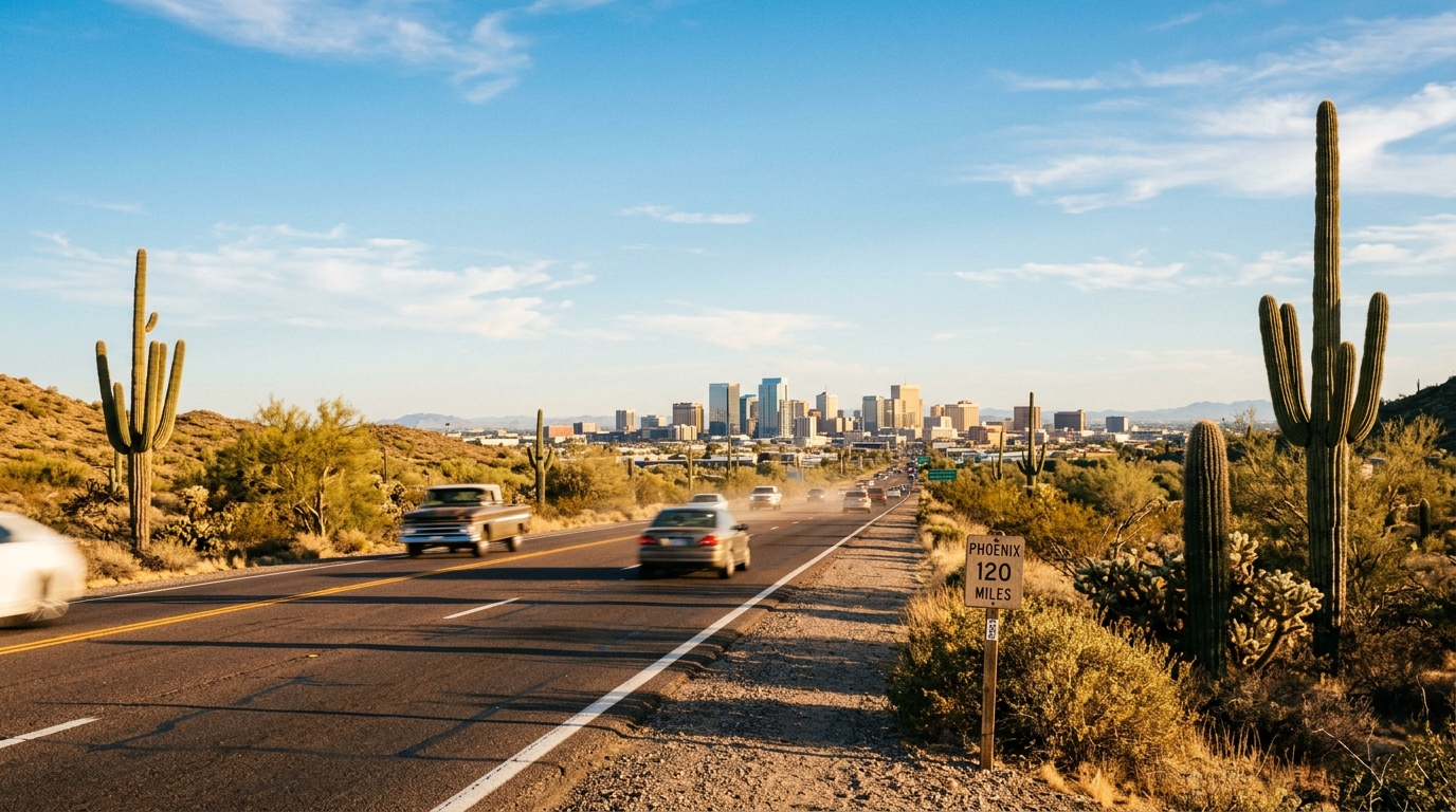 A desert highway leading toward a large city skyline under a bright blue sky, framed by saguaro cacti