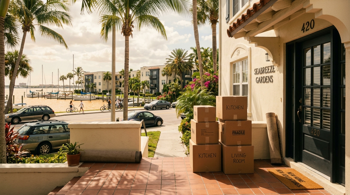 Moving boxes on a sunny Tampa street lined with palm trees and apartment buildings