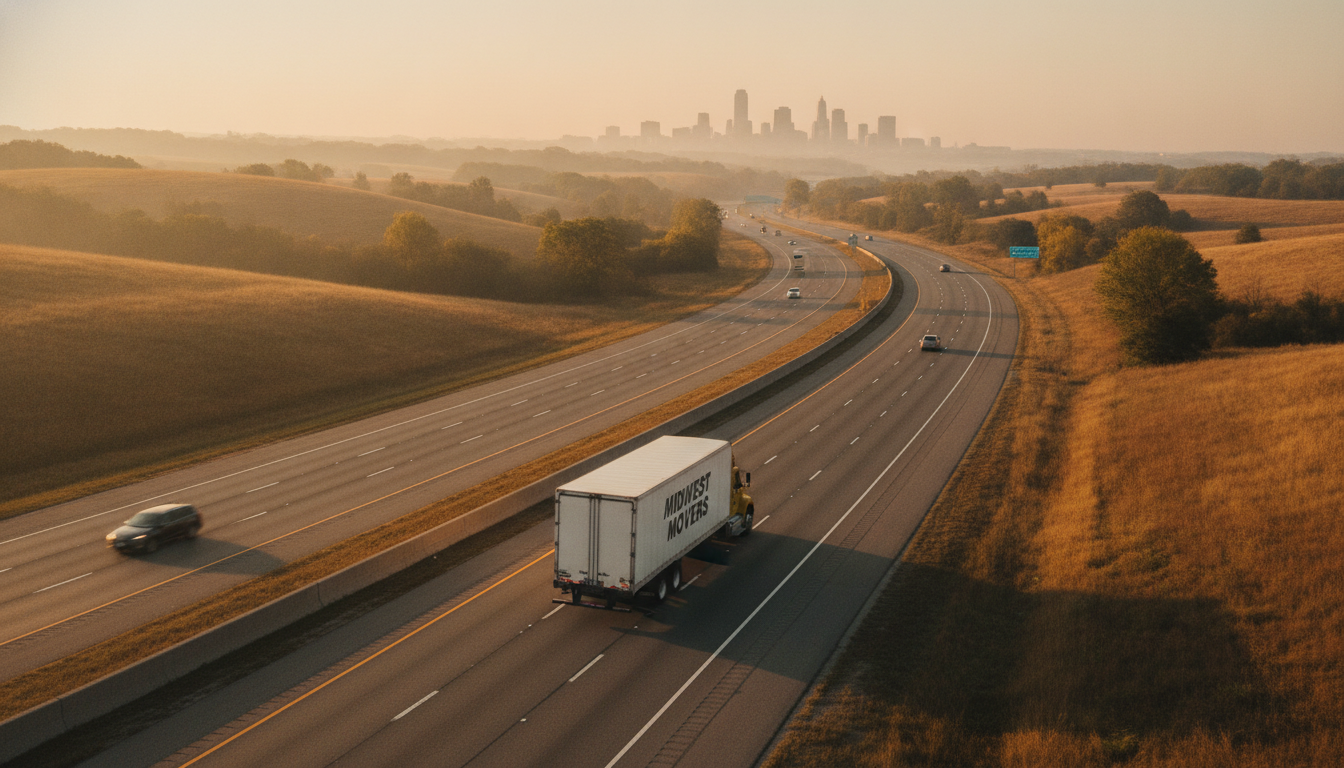 A moving truck driving down an Ohio highway toward Cincinnati at golden hour