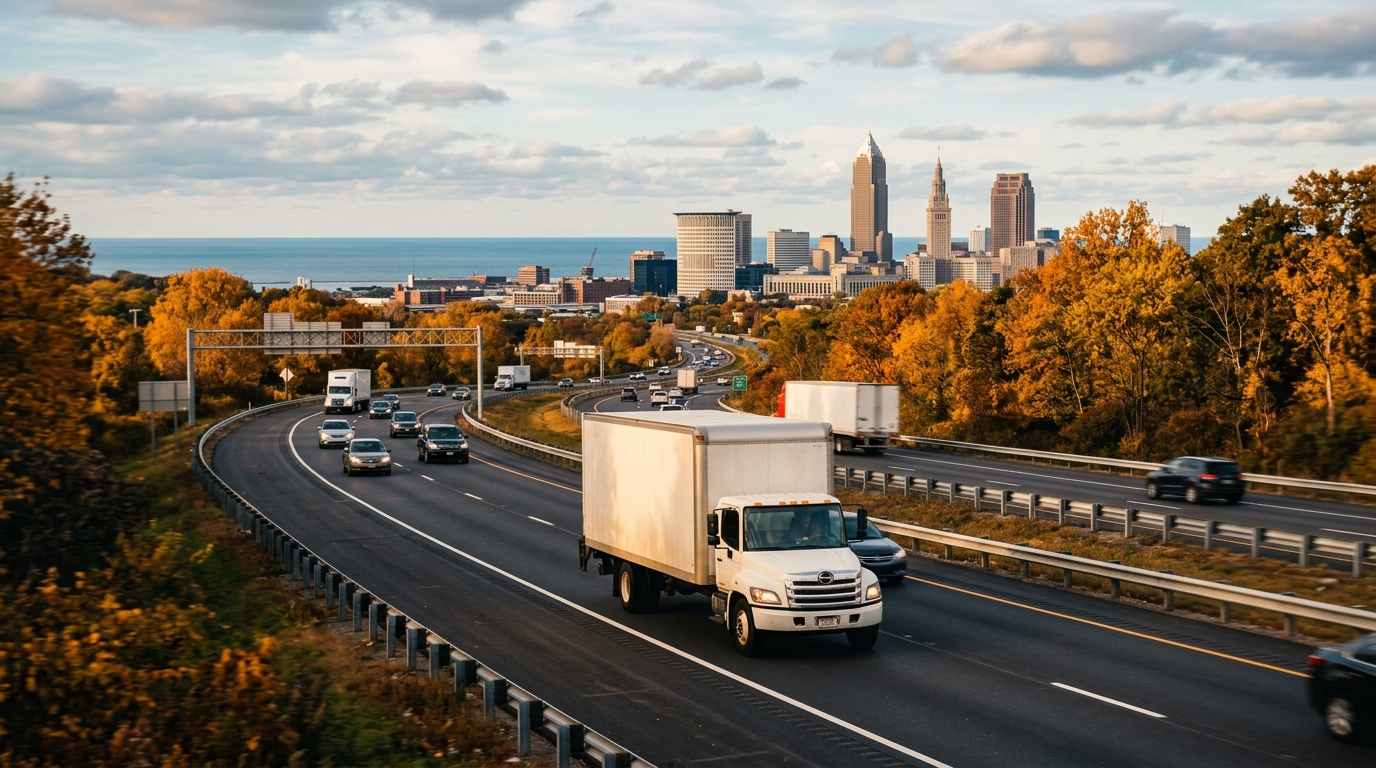 A moving truck traveling north on an Ohio highway toward a lakefront city skyline on a warm autumn day