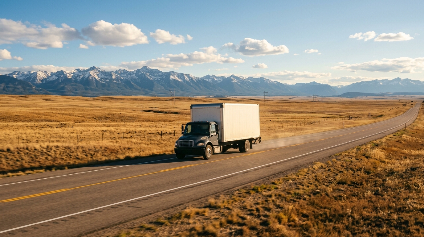 A moving truck driving west across the open plains toward the Rocky Mountains on a sunny day