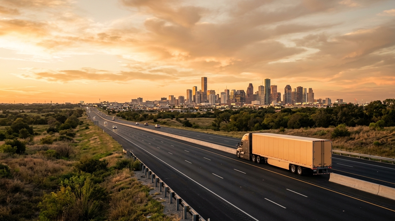 Moving truck traveling a Texas highway from Fort Worth toward the Houston skyline at golden hour