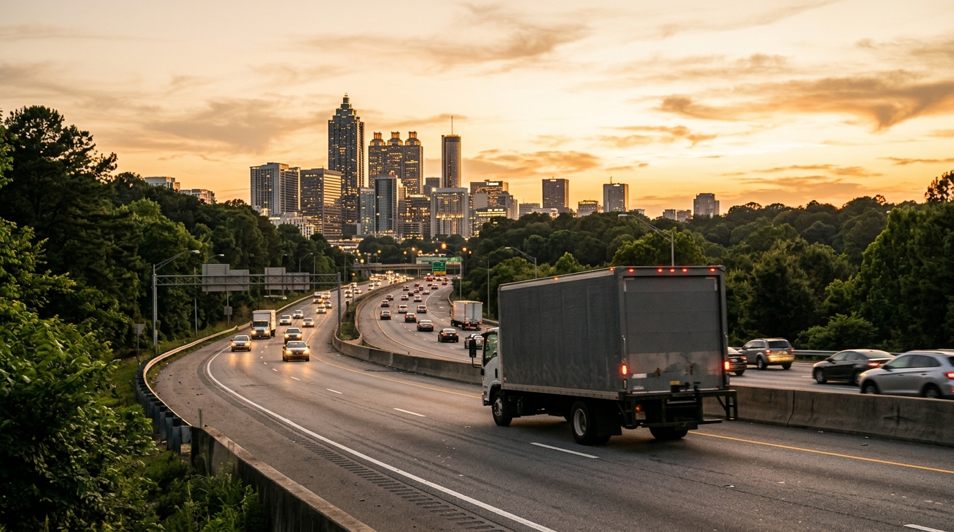 A moving truck traveling a Georgia highway toward an Atlanta skyline at golden hour