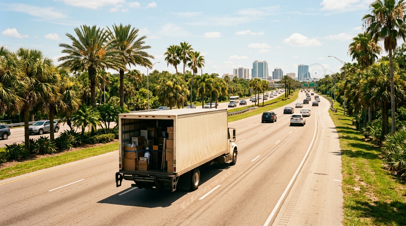 Open moving truck on a sunny Florida highway lined with palm trees heading toward Orlando