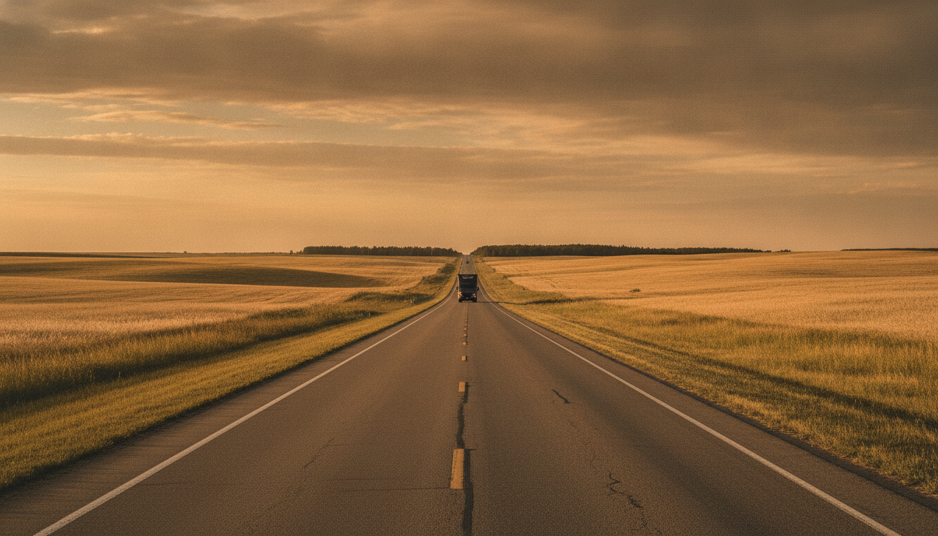 A moving truck traveling south along a wide open highway under a golden Texas sky