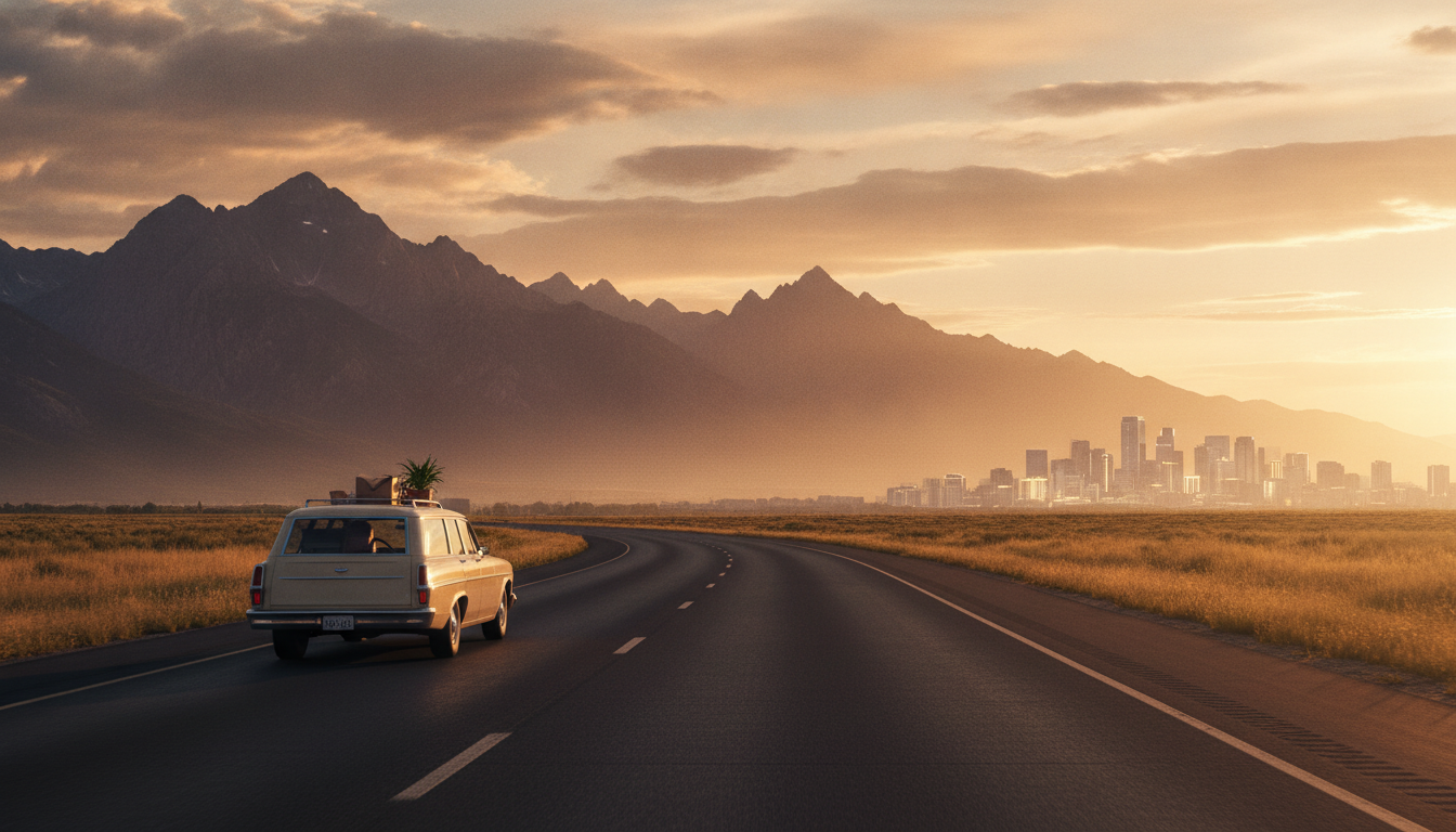 Open highway heading west toward the Rocky Mountains at golden hour, symbolizing a move from Kansas City to Denver