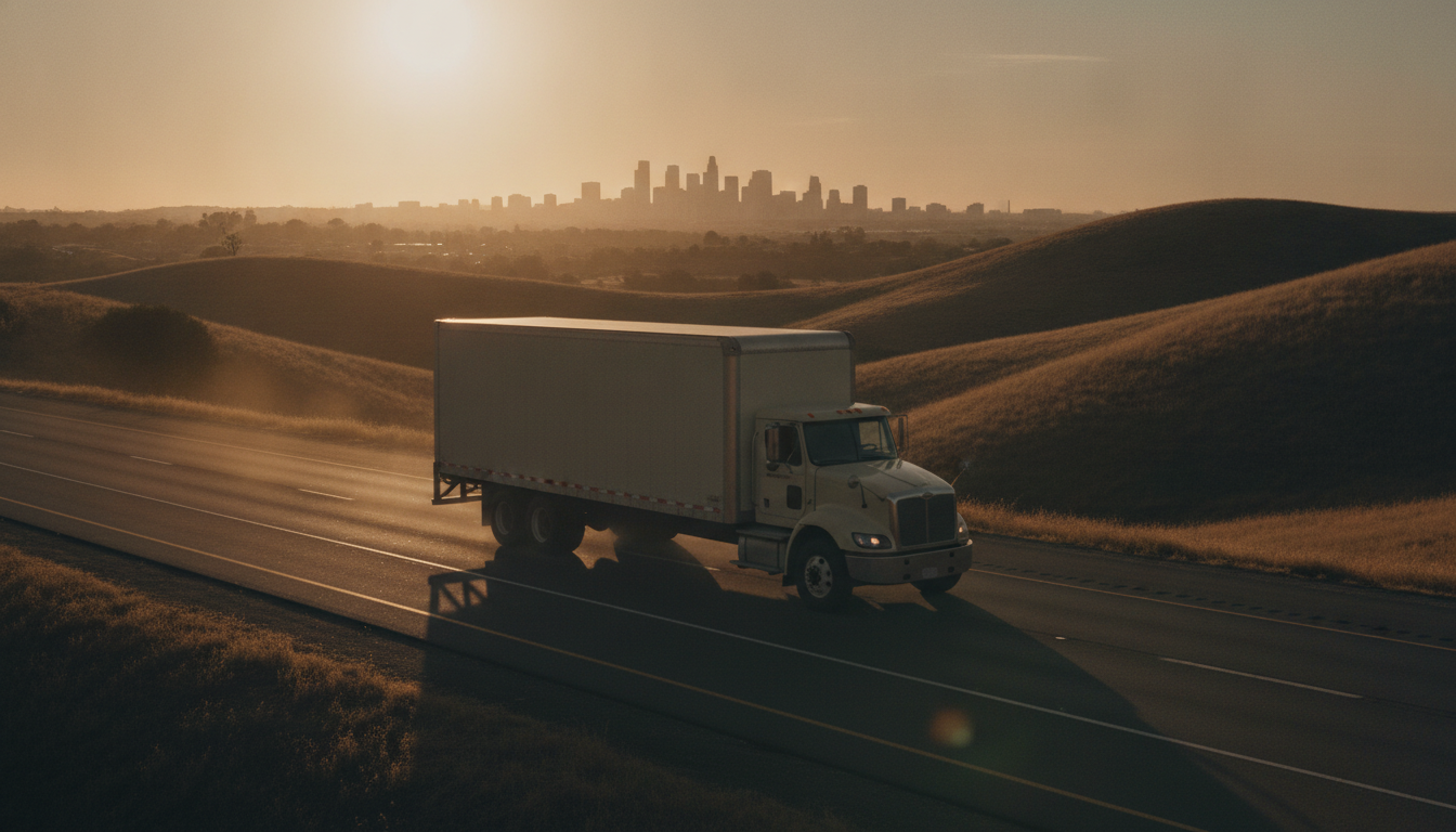 A moving truck driving toward a warm sunset skyline on an open highway, evoking a long-distance relocation from Kansas City to Nashville