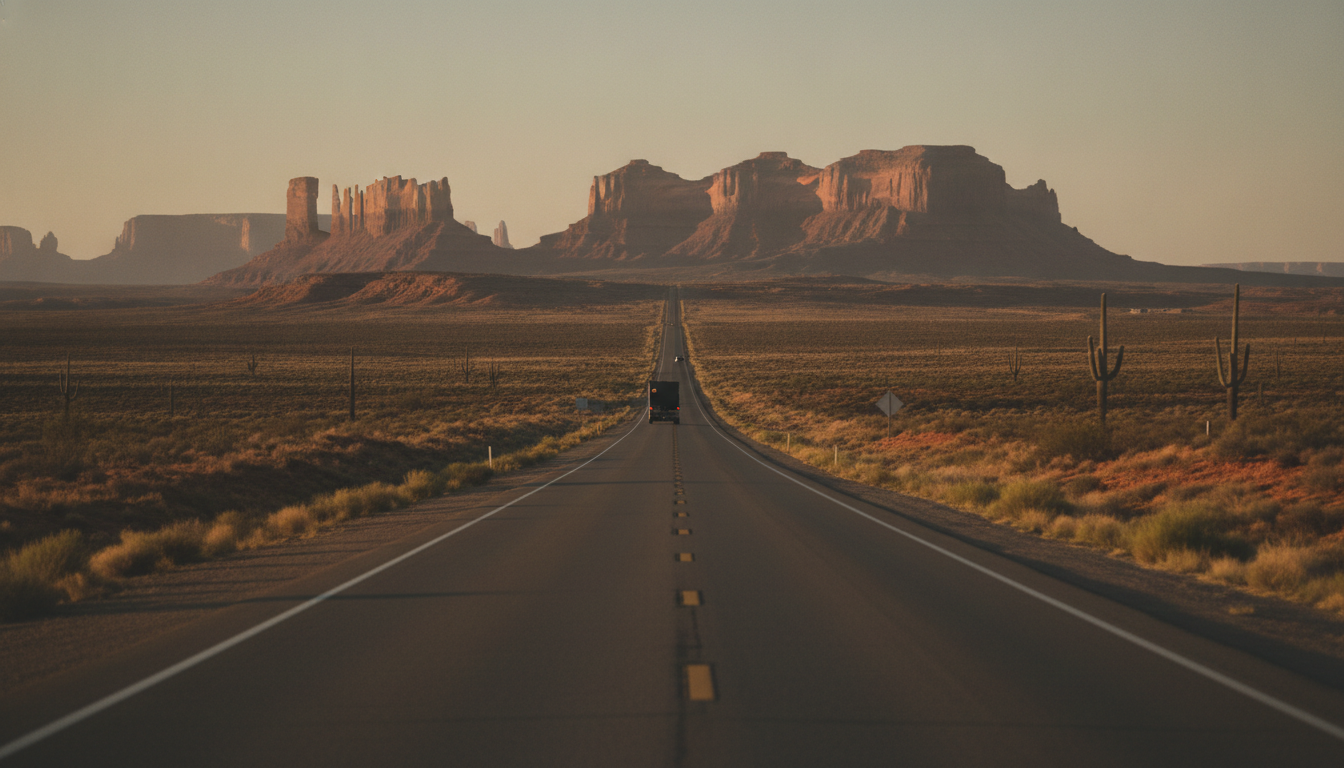 A moving truck driving toward a golden Arizona desert horizon at sunset, evoking a Kansas City to Phoenix relocation