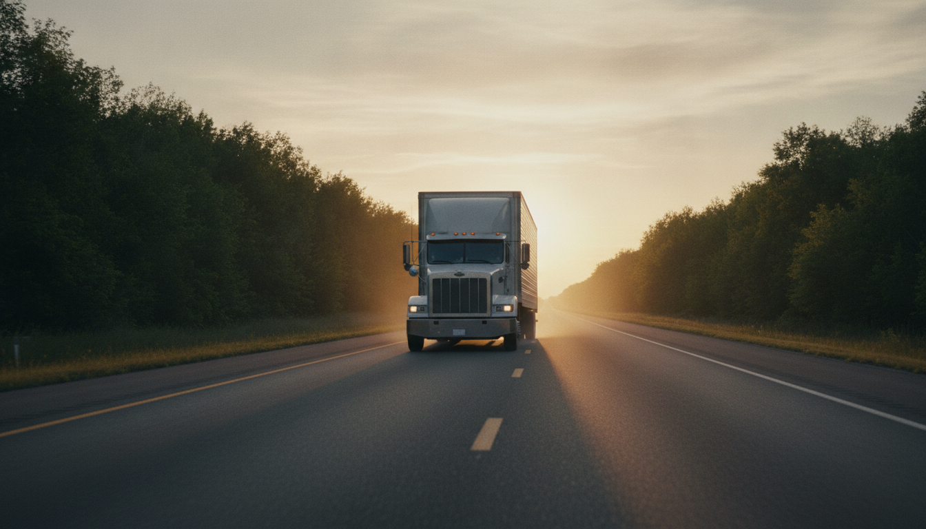 A long-haul moving truck traveling down an open highway out of Akron, Ohio at golden hour