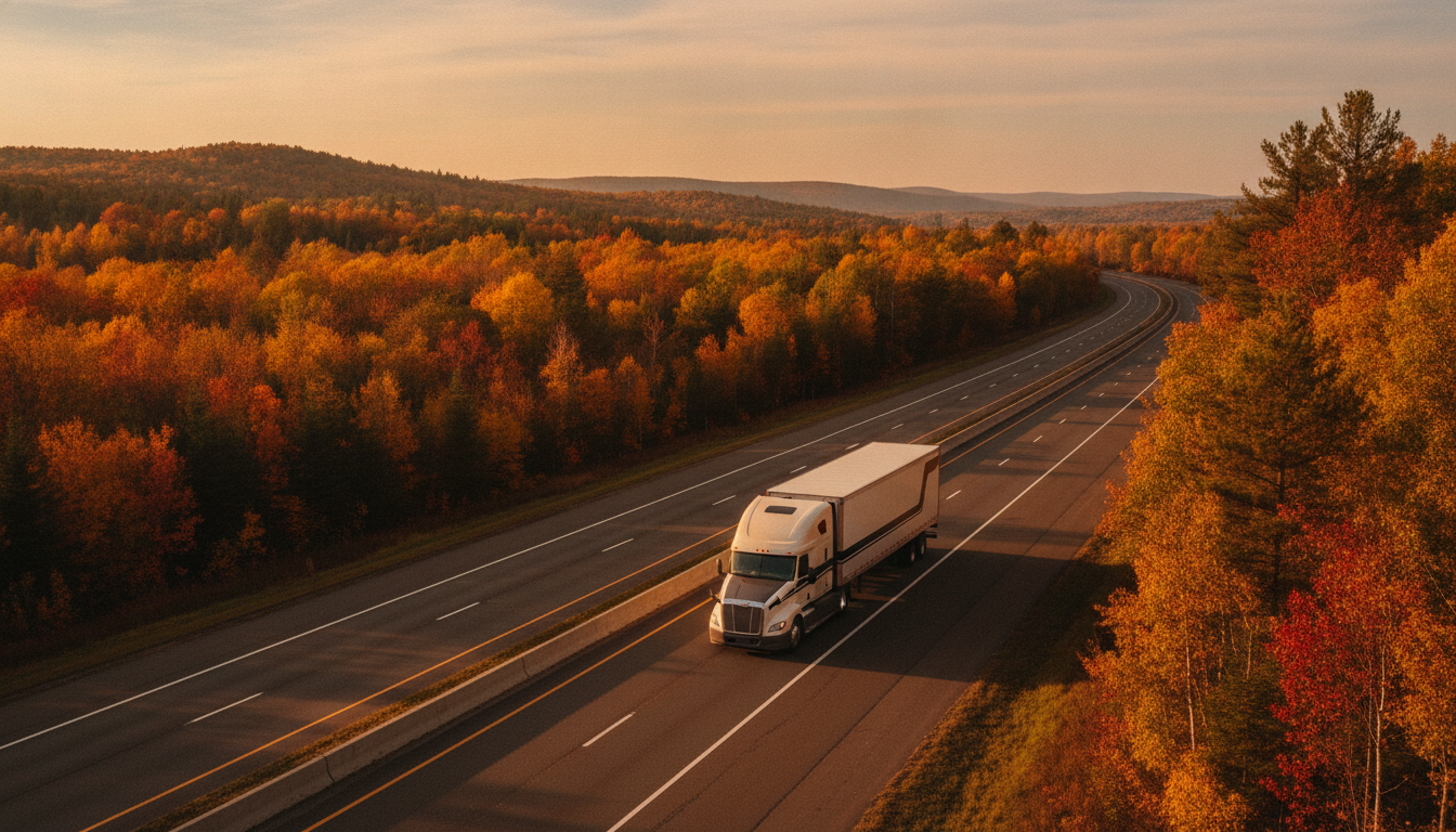 A long-haul moving truck traveling down an open highway at golden hour near Albany, NY