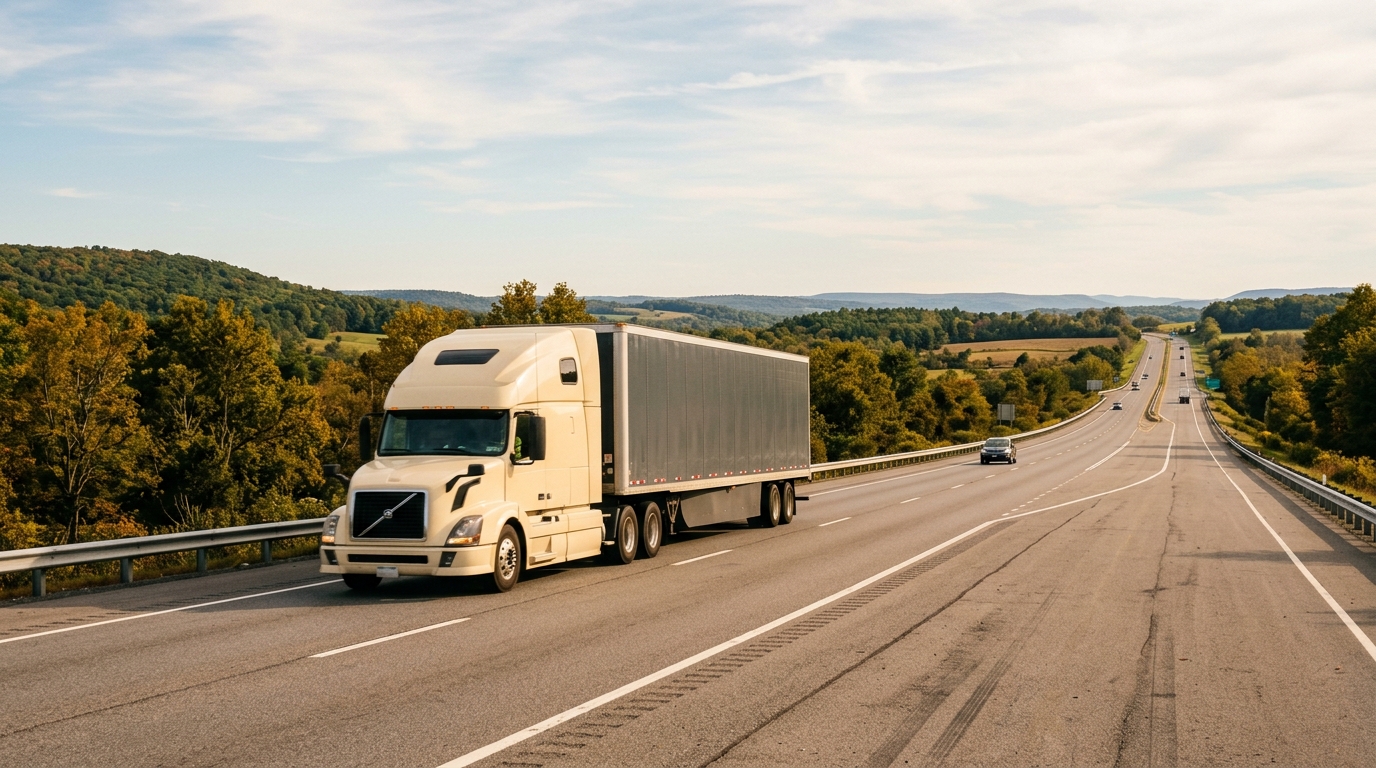 A long-haul moving truck traveling down an open highway on a sunny day, representing a long-distance move from Allentown, PA