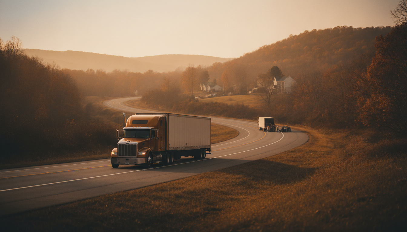 A long-haul moving truck on an open highway through the Appalachian hills near Altoona, PA at golden hour
