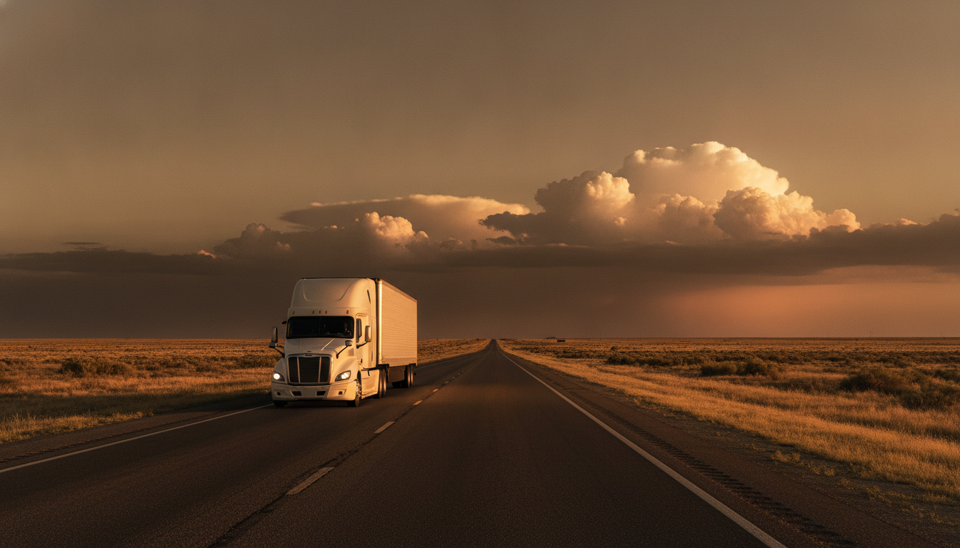 A long-haul moving truck traveling down a wide open highway through the Texas Panhandle at golden hour