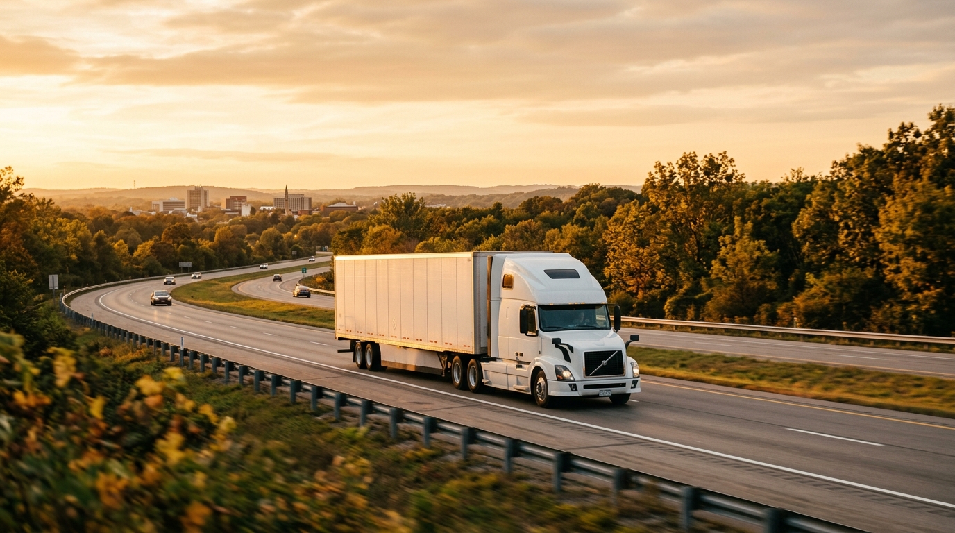 A long-haul moving truck driving down an open highway out of Ann Arbor at golden hour