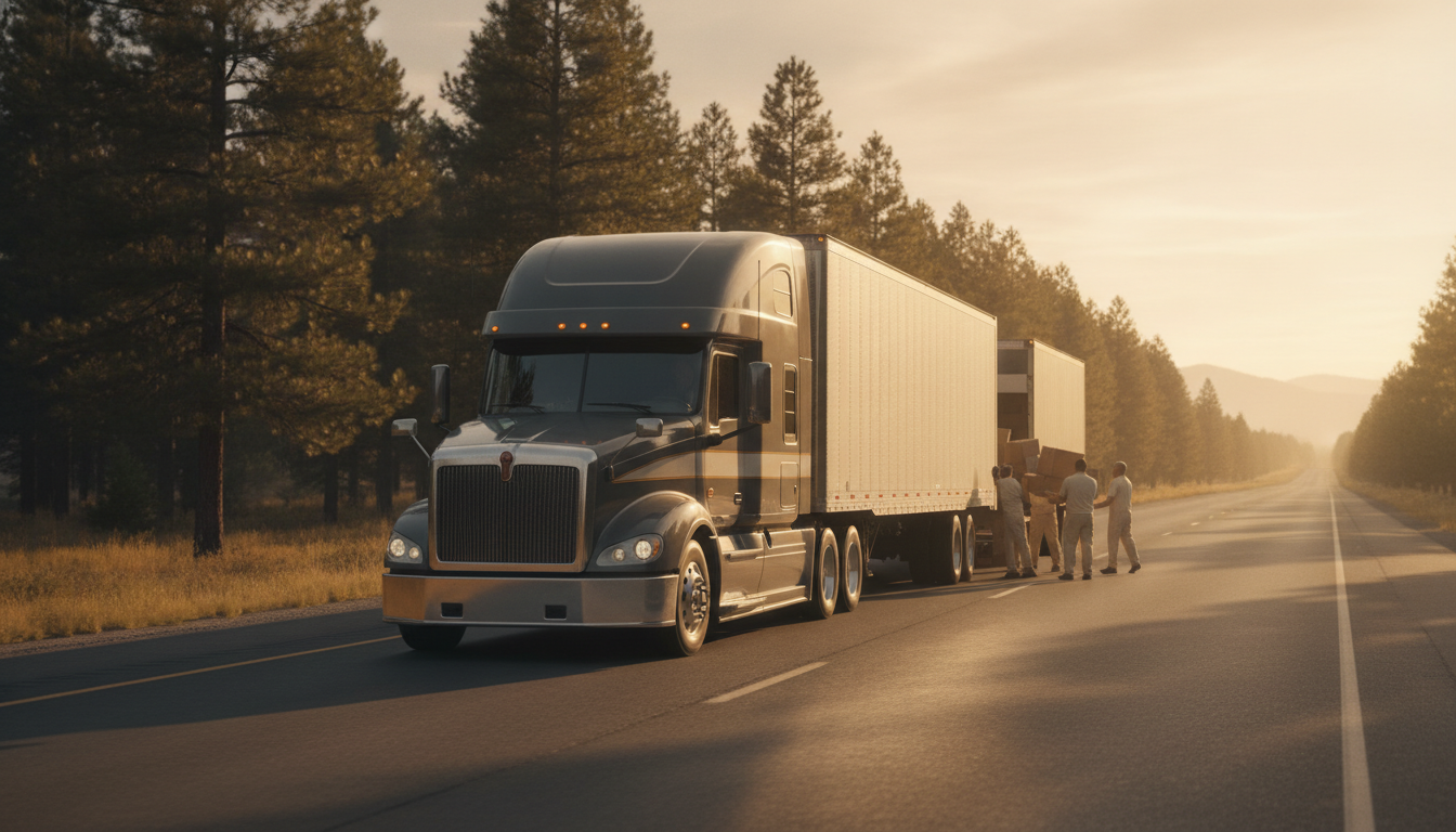 A long-haul moving truck on an open highway leaving Augusta, GA at golden hour
