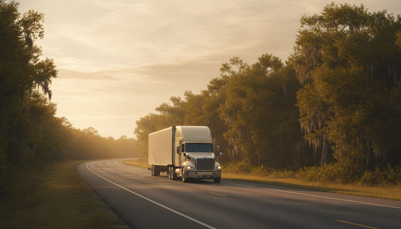 A long-haul moving truck driving down an open highway out of Baton Rouge, Louisiana at golden hour