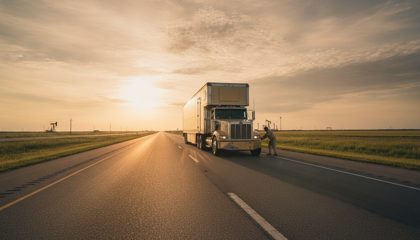 A long-haul moving truck on an open highway leaving Beaumont, TX at golden hour