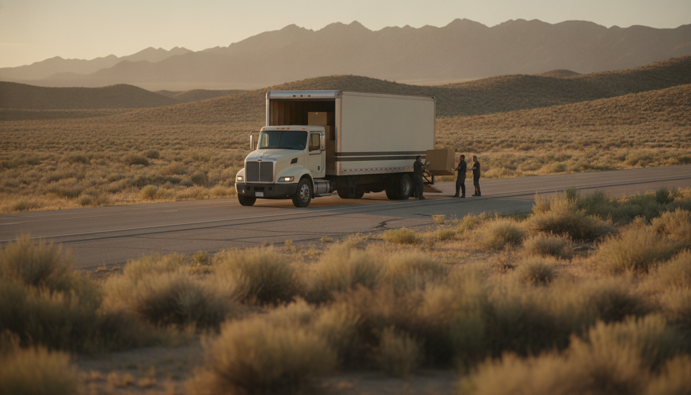 A long-haul moving truck being loaded on an open highway through Oregon high-desert landscape at golden hour