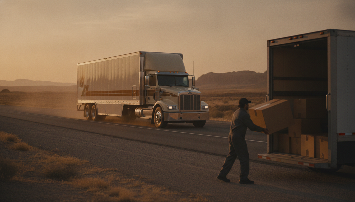A long-haul moving truck on an open highway at golden hour, with a crew member loading boxes in the foreground