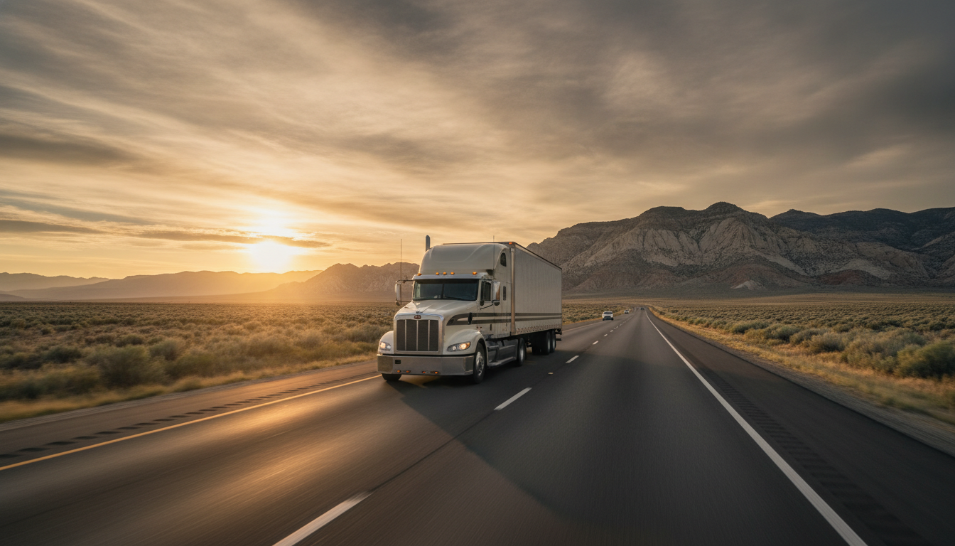 A long-haul moving truck traveling down an open highway through high desert terrain near Boise City, Idaho, in warm golden afternoon light
