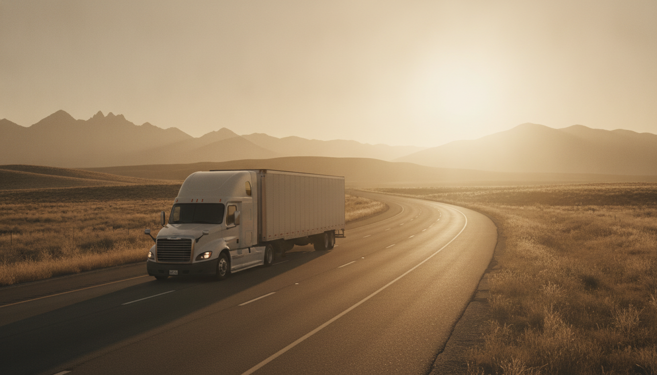 A long-haul moving truck traveling along an open highway under a warm golden-hour sky, representing a long-distance move from Boulder, Colorado.