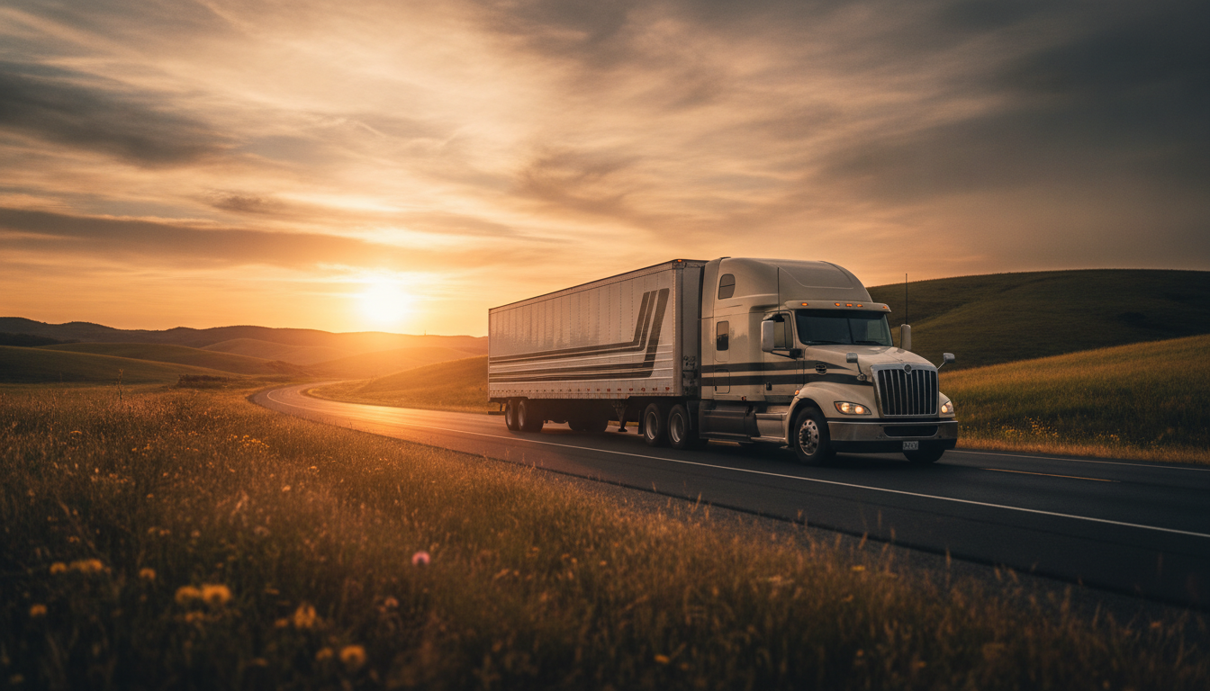 A long-haul moving truck traveling down an open highway at golden hour, representing a long-distance move from Bowling Green, KY