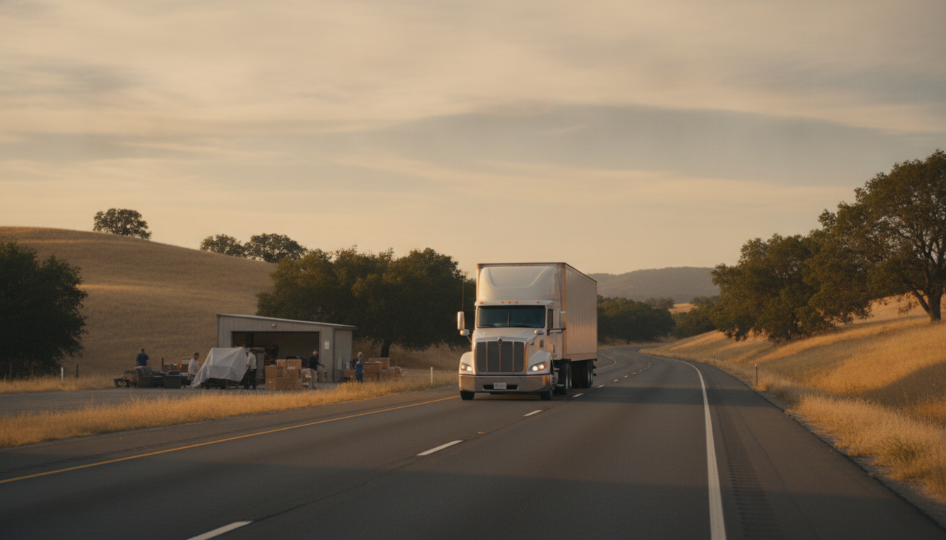 A long-haul moving truck traveling down an open highway at golden hour, ready for an interstate move from Bridgeport, CT