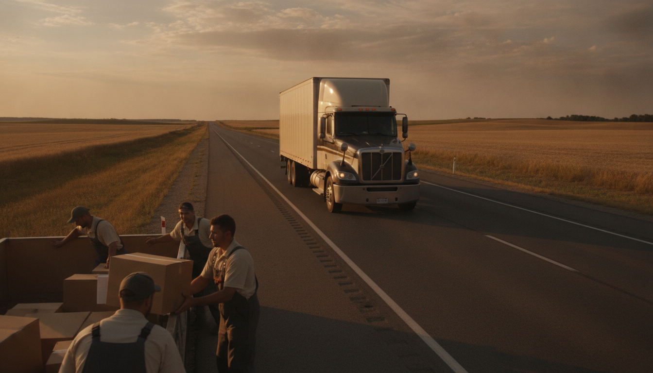 A long-haul moving truck on an open highway at golden hour, with a crew loading boxes in the foreground