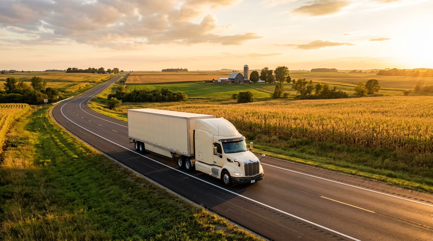 A long-haul moving truck traveling down an open highway through the Iowa countryside at golden hour