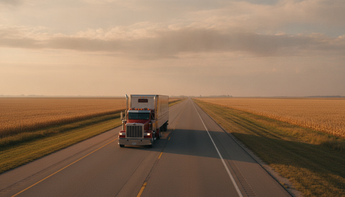 A long-haul moving truck driving down an open highway through the Illinois plains at golden hour
