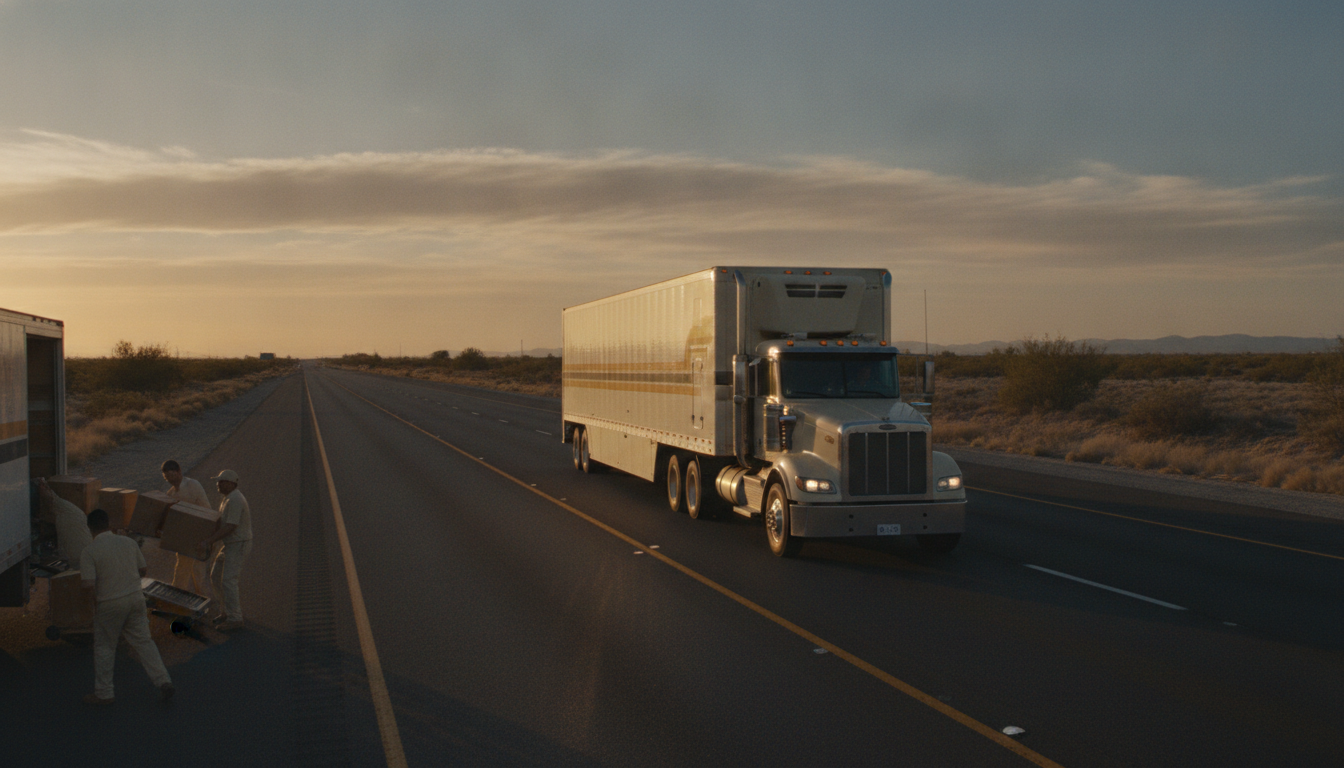 A long-haul moving truck on an open highway at golden hour, leaving Charlotte for a long-distance move