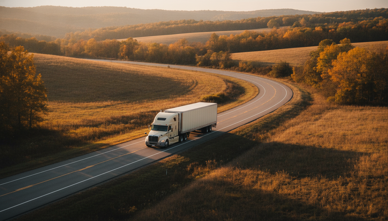 A long-haul moving truck traveling down an open highway at golden hour near Chattanooga, TN