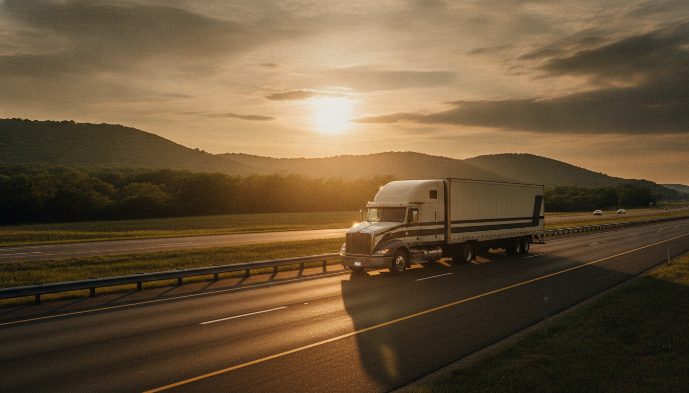 A long-haul moving truck driving down an open highway at golden hour, leaving Cincinnati for a long-distance move
