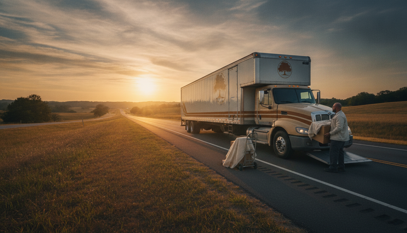 A long-haul moving truck on an open highway leaving Clarksville, TN at golden hour
