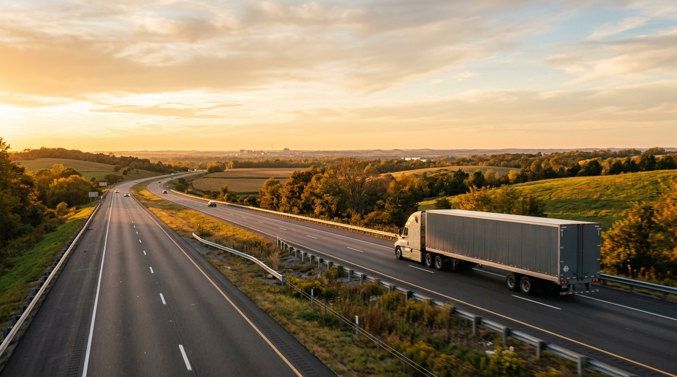 A long-haul moving truck driving down an open highway out of Columbia, Missouri at golden hour