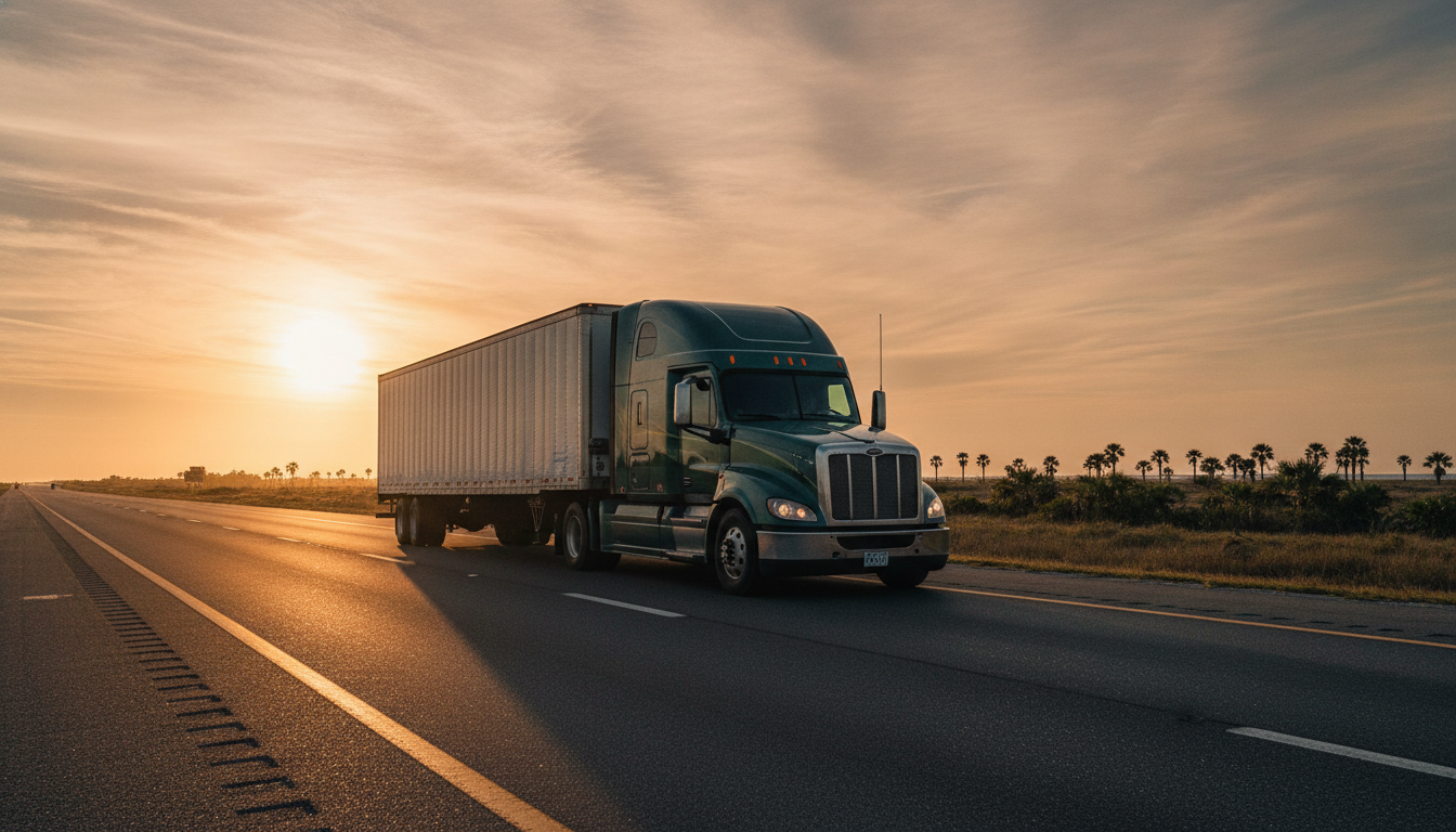 A long-haul moving truck on an open highway leaving Corpus Christi, TX at golden hour