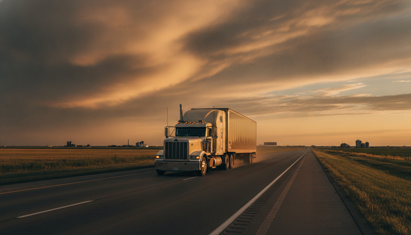 A long-haul moving truck on an open highway leaving Davenport, Iowa at golden hour