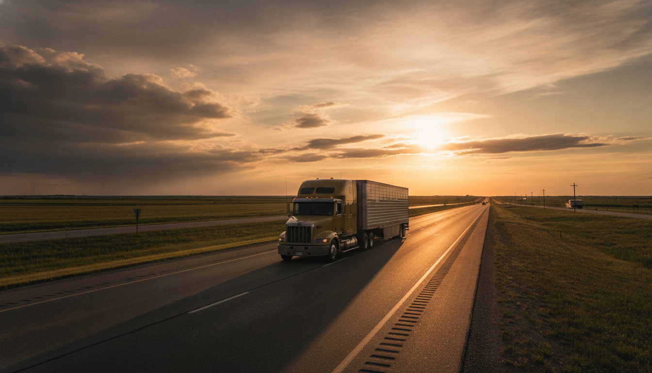 A long-haul moving truck traveling down an open highway out of Dayton, Ohio at golden hour