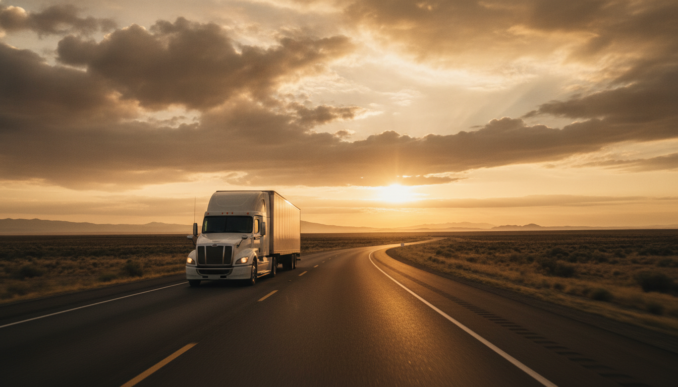 A long-haul moving truck traveling down an open highway at golden hour, representing a long-distance move from Denver, CO